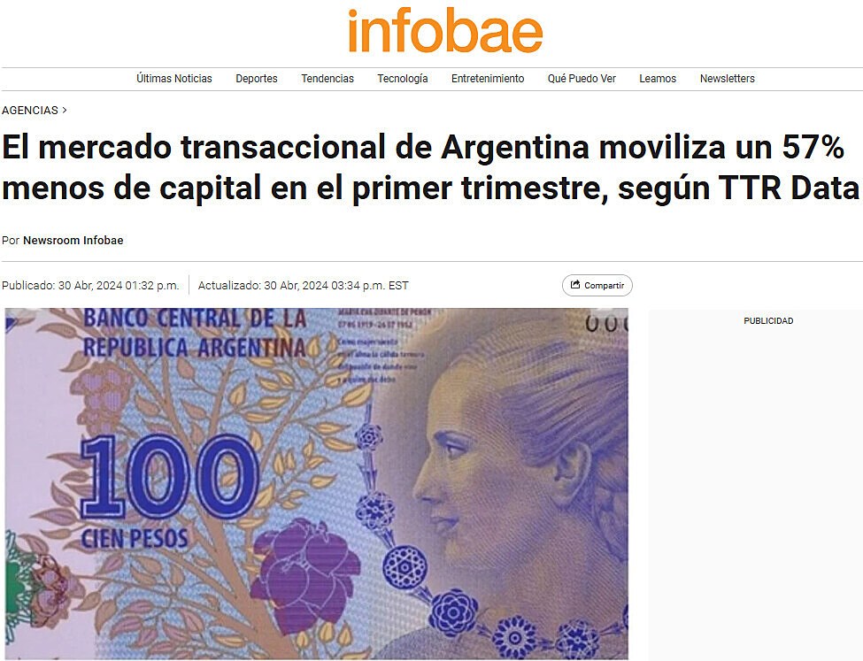 El mercado transaccional de Argentina moviliza un 57% menos de capital en el primer trimestre, segn TTR Data